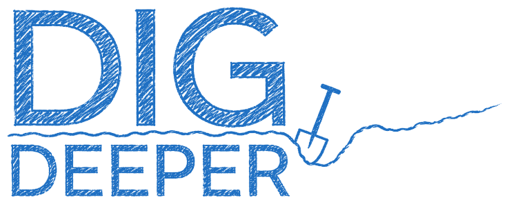 Dig Deeper blue logo with a drawn line